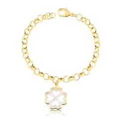 68508---Pulseira-Elos-Portugues-com-Pingente-de-Trevo-em-Madreperola-Banhado-a-Ouro-18k